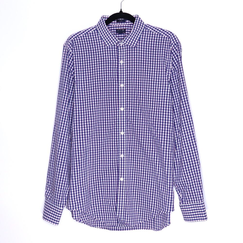 J.CREW Slim Fit Performance Dress Shirt Blue White Gingham Button Up Men's L
